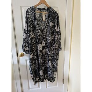 Gudrun Sjoden Kimono Paraquite Dress XL Black White Bird Floral Langenlook NEW
